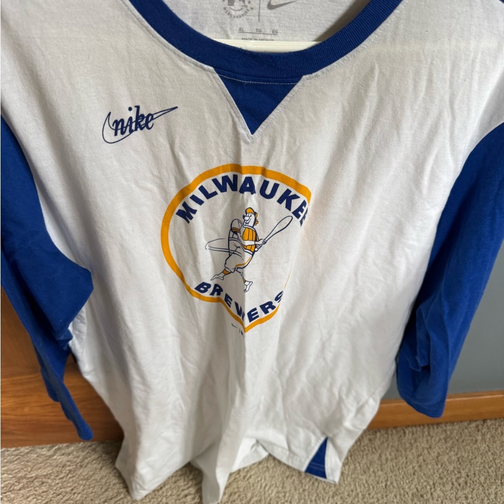 Nike White and Blue Tee - Milwaukee Brewers